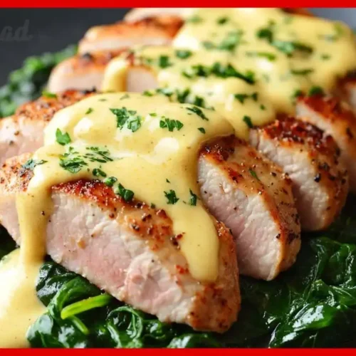 Überbackenes Schweinefilet im Spinatbett