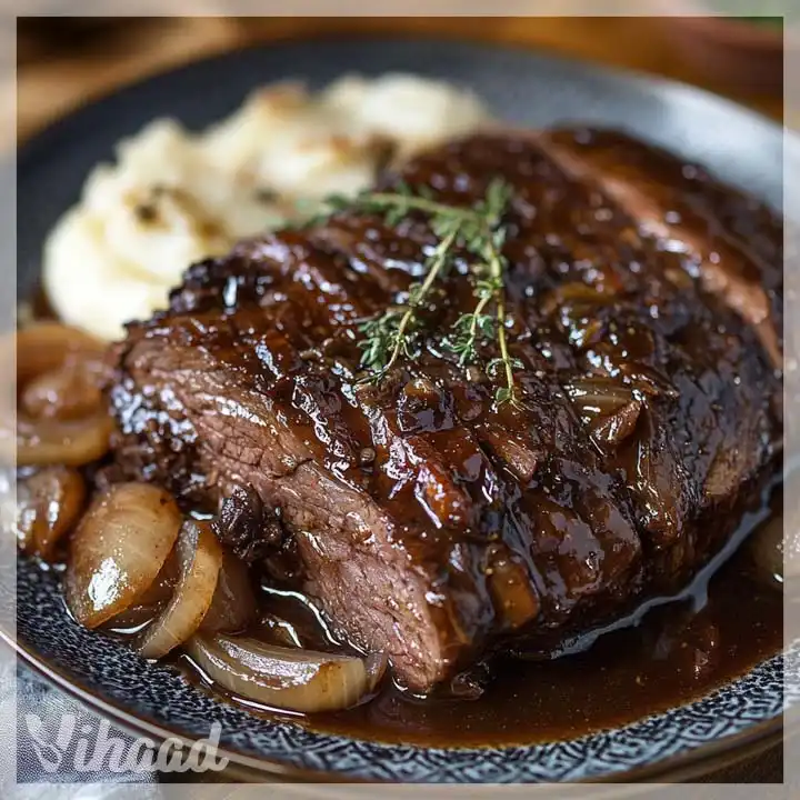 Geschmortes Rinderbrust mit Balsamico-Zwiebel-Sauce genießen