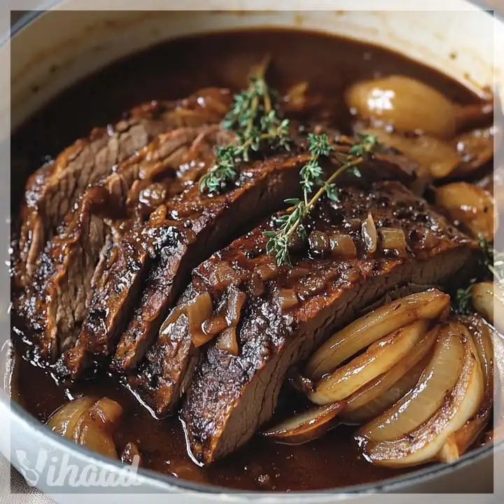 Geschmortes Rinderbrust mit Balsamico-Zwiebelsoße genießen