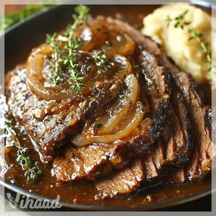 Geschmortes Rinderbruststück mit Balsamico-Zwiebelsoße genießen