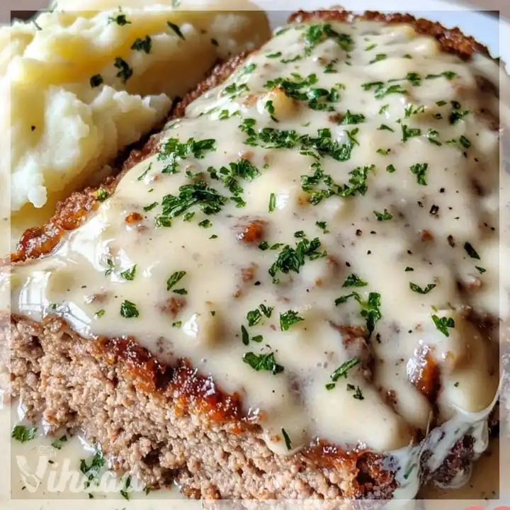 Hackbraten mit Sahnesoße und Kartoffelpüree genießen!