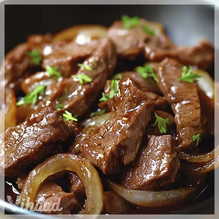 Karamellisiertes Rindfleisch mit Zwiebeln und Sojasauce genießen