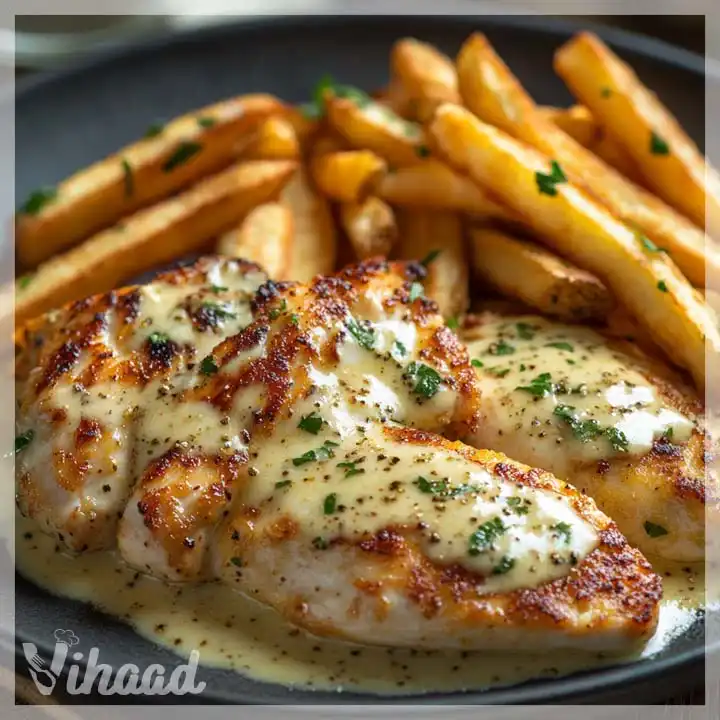 Knoblauch-Parmesan-Hähnchenfilet mit Pommes Frites genießen