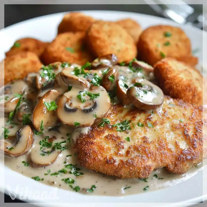 Rahmschnitzel mit Champignons und Kroketten genießen!