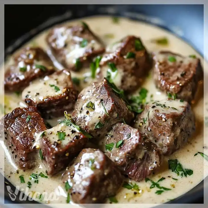 Zarte Steakwürfel in unwiderstehlicher Parmesan-Sahnesauce genießen