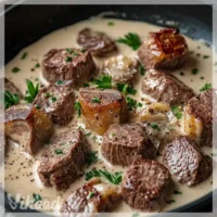 Zarte Steakwürfel in unwiderstehlicher Parmesan-Sahnesoße genießen!