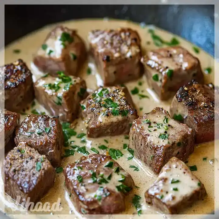 Zarte Steakwürfel in verführerischer Parmesan-Sahnesoße genießen!