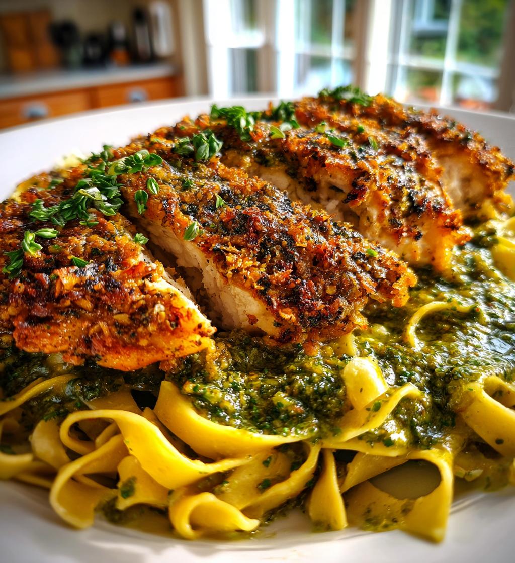 Hähnchenfilets in knuspriger Kräuterpanade mit Fettuccine und Kürbiskernpesto - detail 1