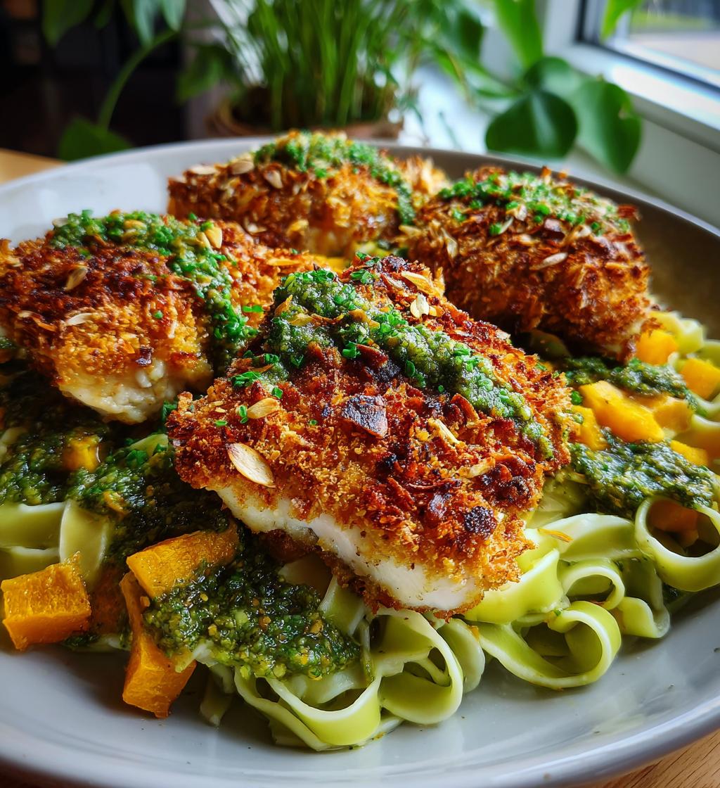 Hähnchenfilets in knuspriger Kräuterpanade mit Fettuccine und Kürbiskernpesto