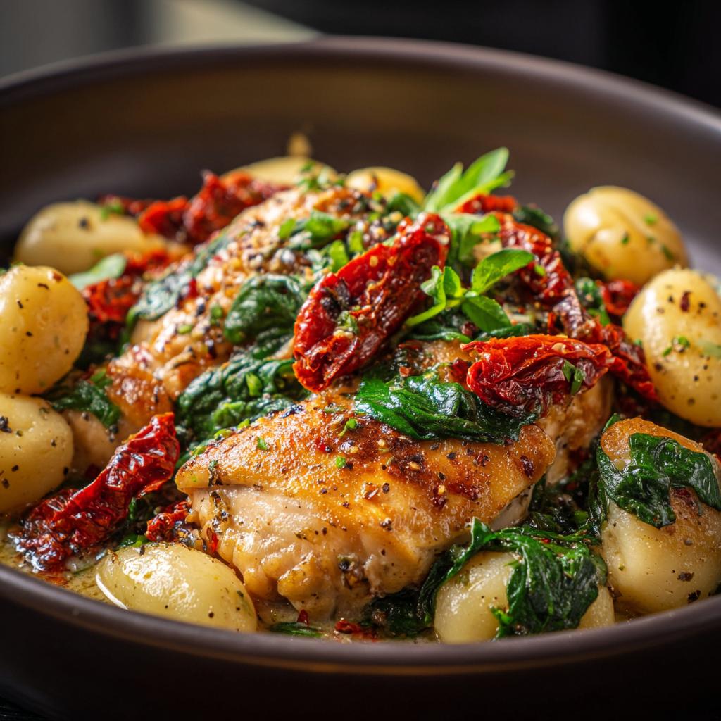 Ein-Topf-Hühnchen mit Gnocchi und getrockneten Tomaten