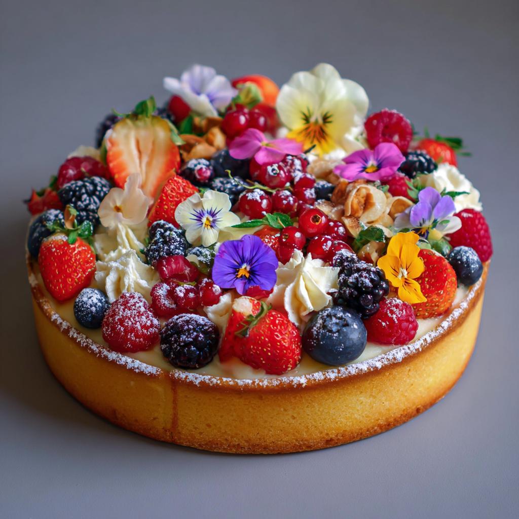 Fruchtige Sahnetorte mit essbaren Blumen - detail 1