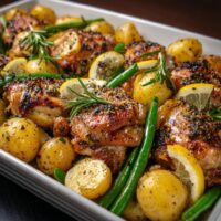 Geröstetes Hähnchen mit Kartoffeln und grünen Bohnen