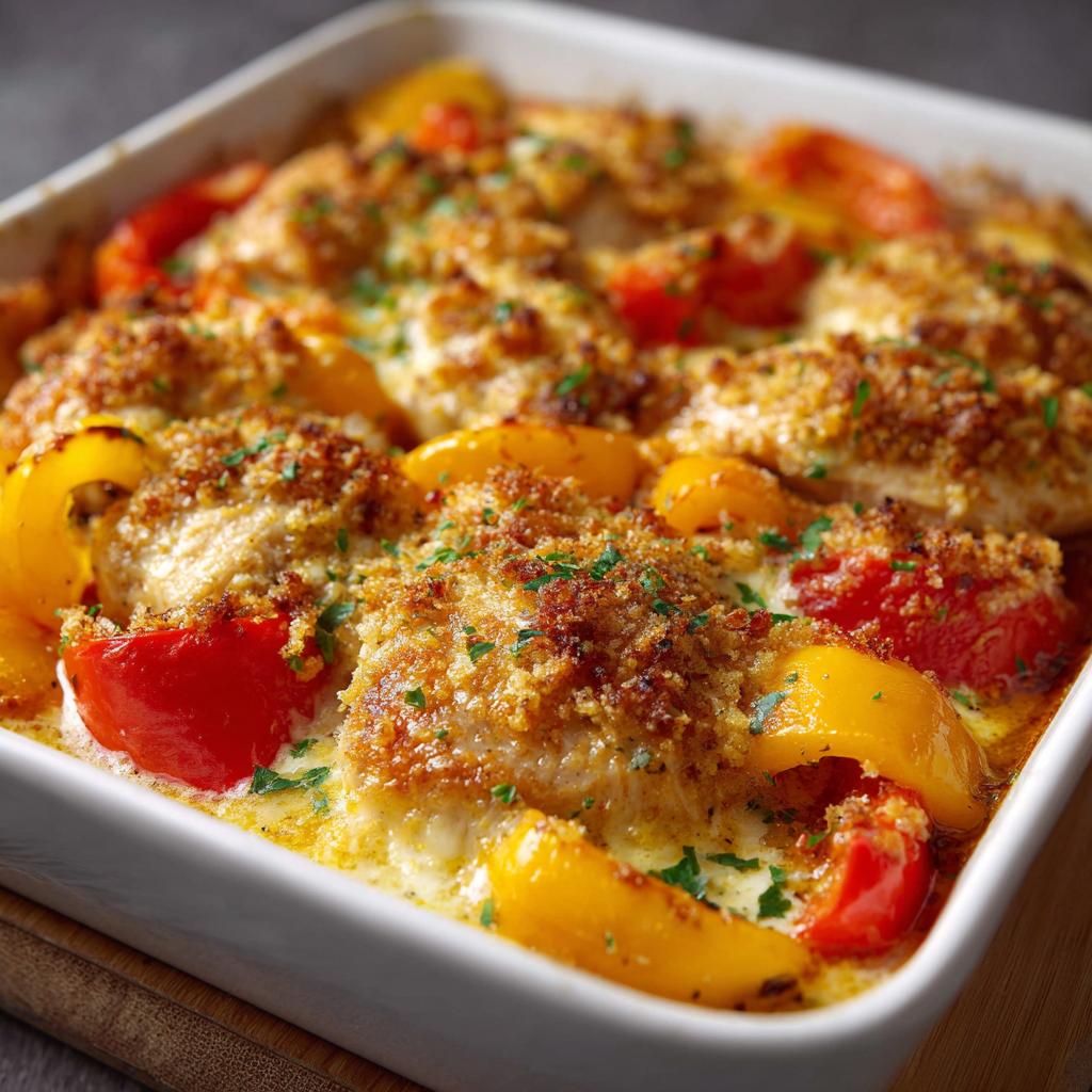 Hähnchen Auflauf mit Paprika und Schmand-Soße