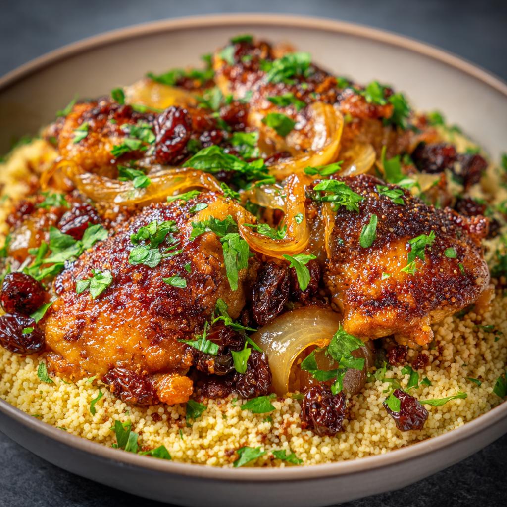 Hähnchen mit Zwiebeln, Rosinen und Couscous