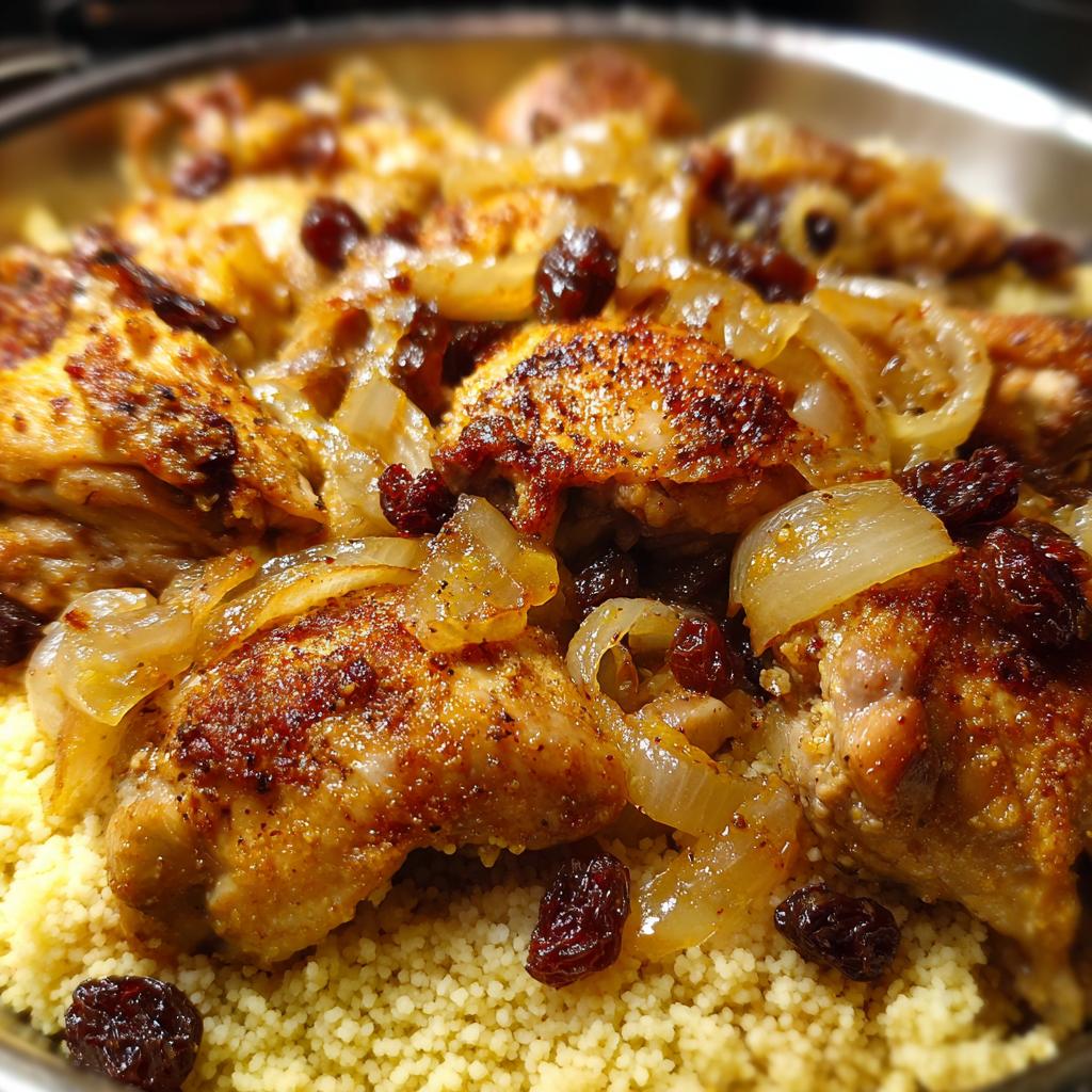 Hähnchen mit Zwiebeln, Rosinen und Couscous