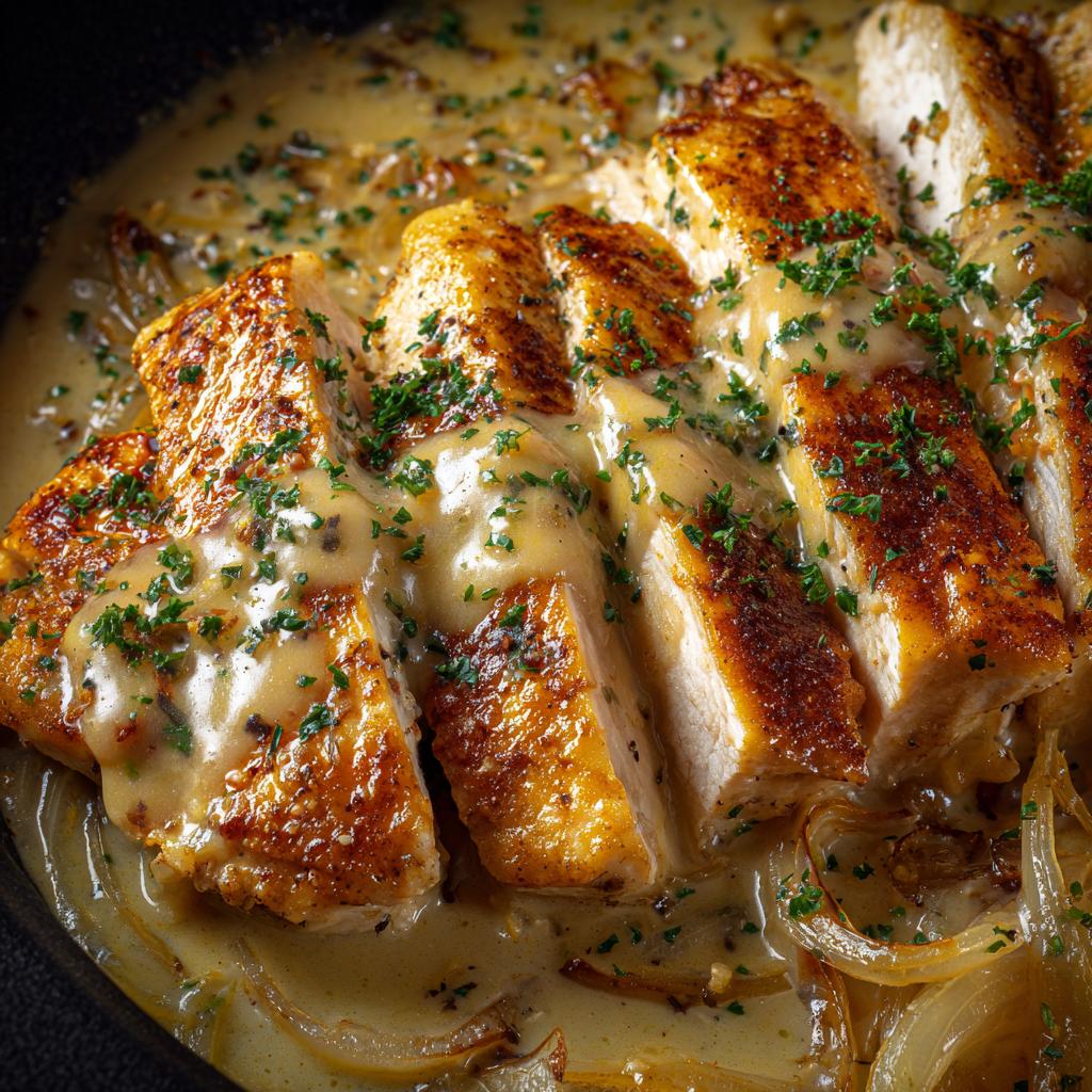 Hähnchenbrust mit Zwiebelrahmsauce