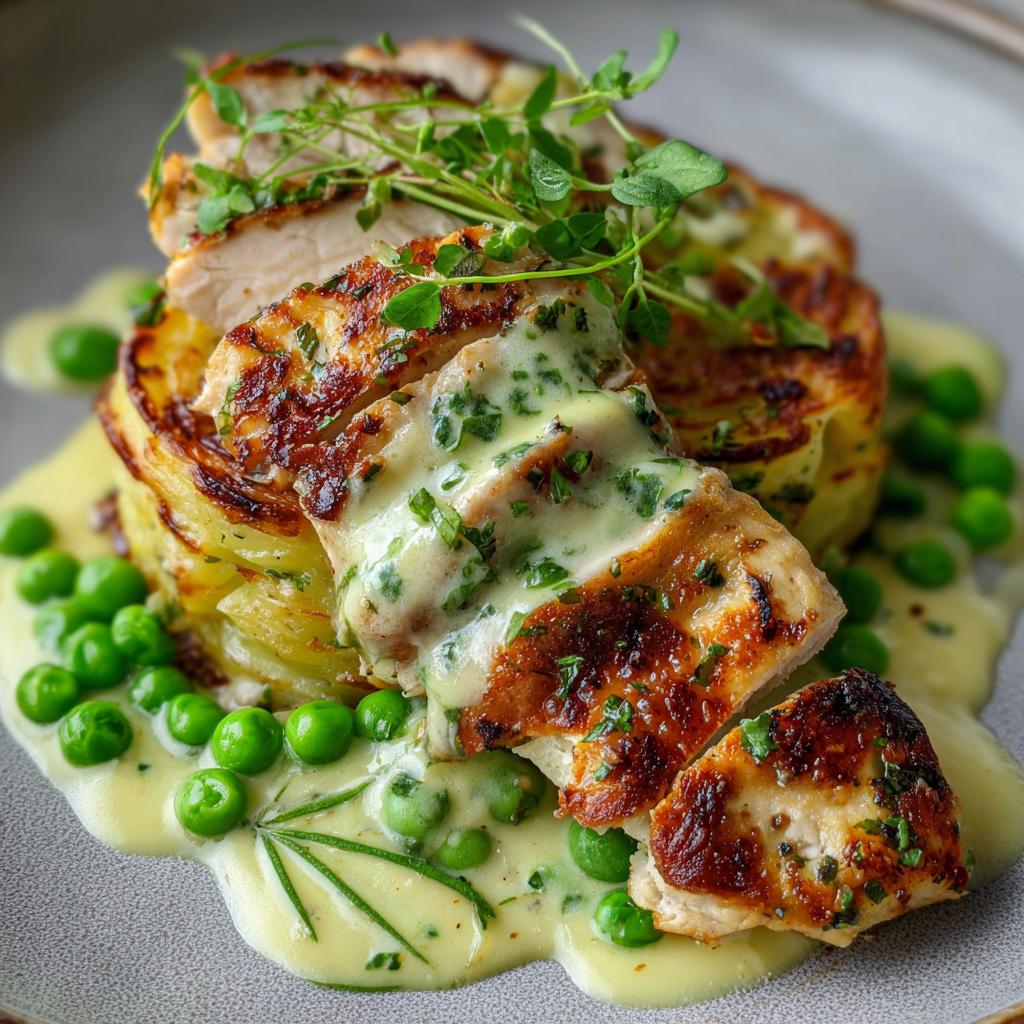 Hähnchenbrustfilet mit Kartoffelgratin, Erbsen und Estragonsauce - detail 1
