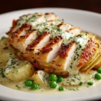 Hähnchenbrustfilet mit Kartoffelgratin, Erbsen und Estragonsauce