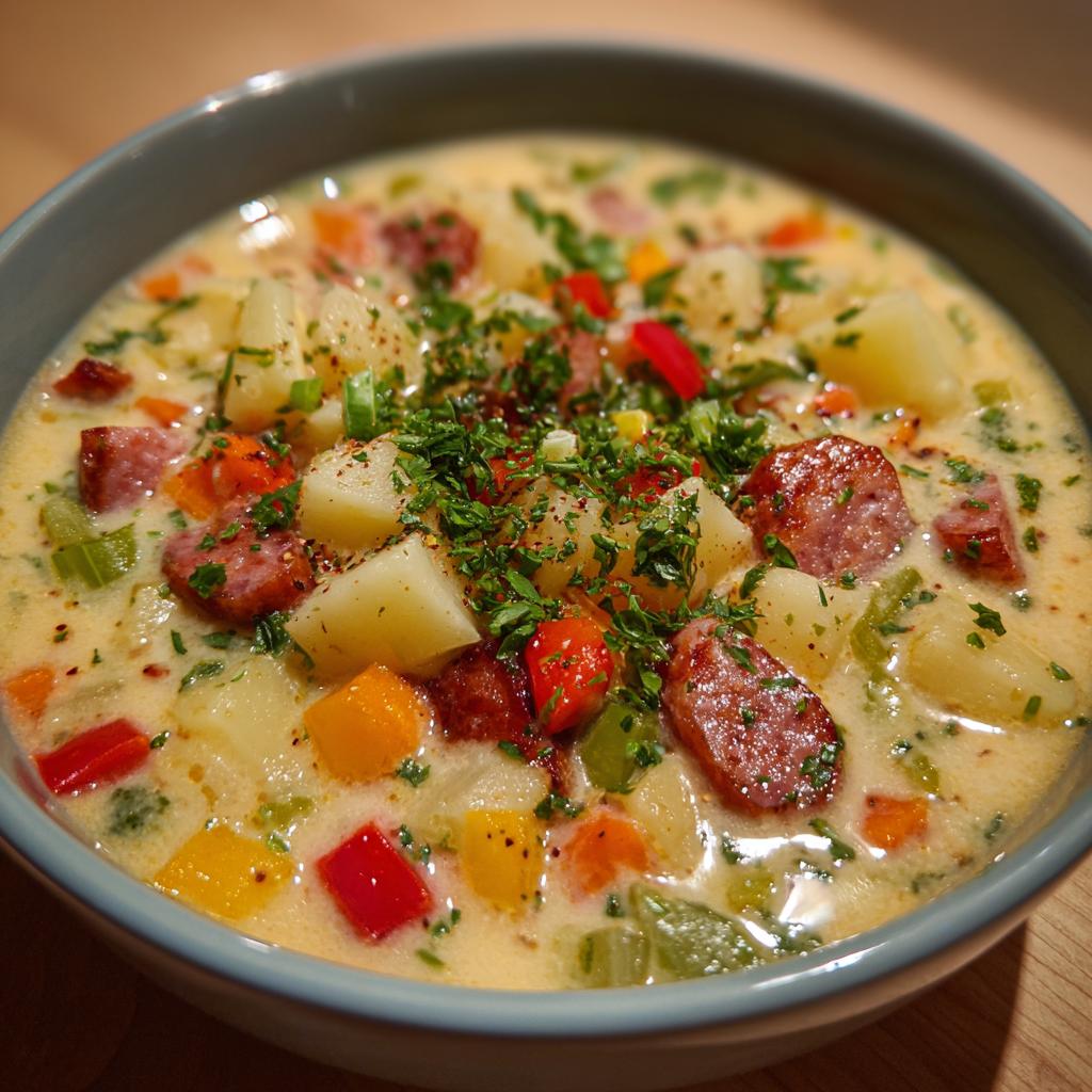 Kartoffelsuppe mit Gemüse und Wurst - detail 1