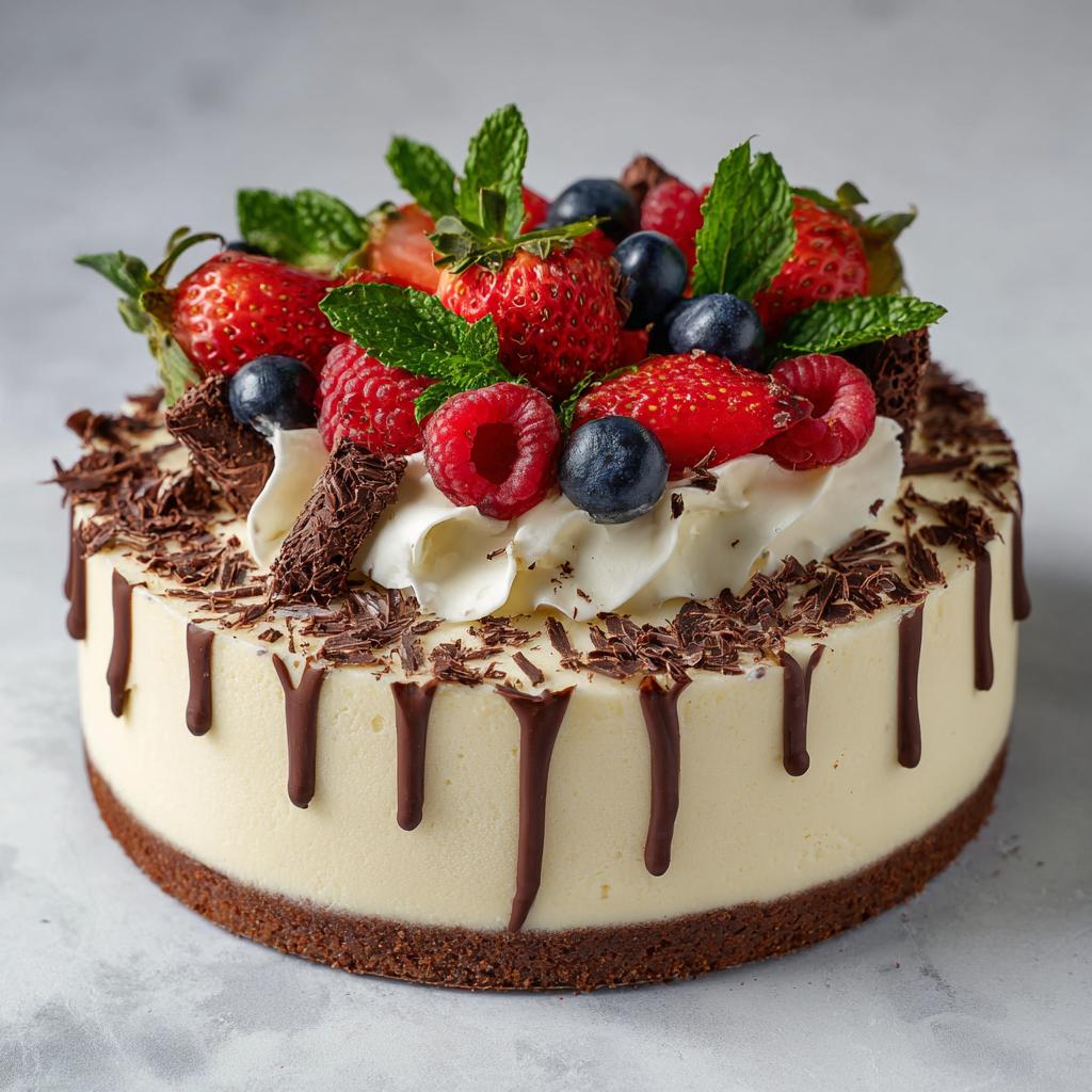 Käsekuchen mit Beeren und Schokoladenspänen