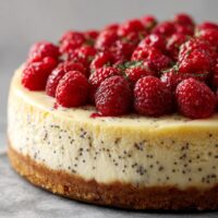 Käsekuchen mit Mohn und Himbeeren