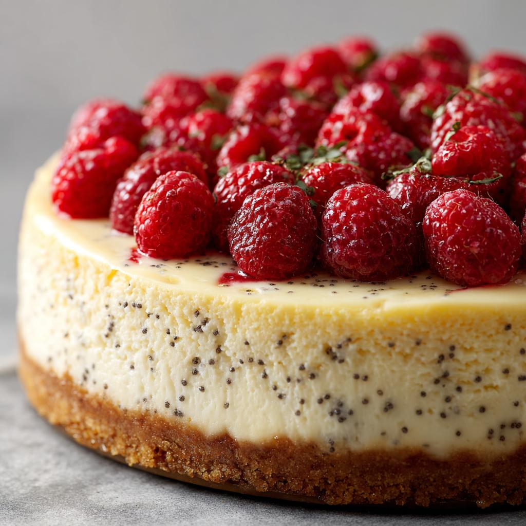 Käsekuchen mit Mohn und Himbeeren