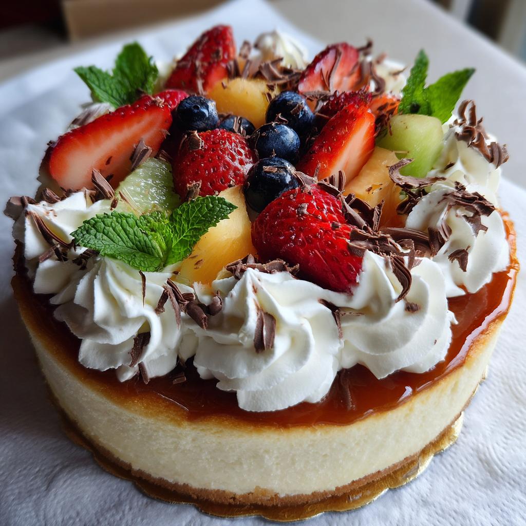 Käsekuchen mit frischen Früchten und Schlagsahne
