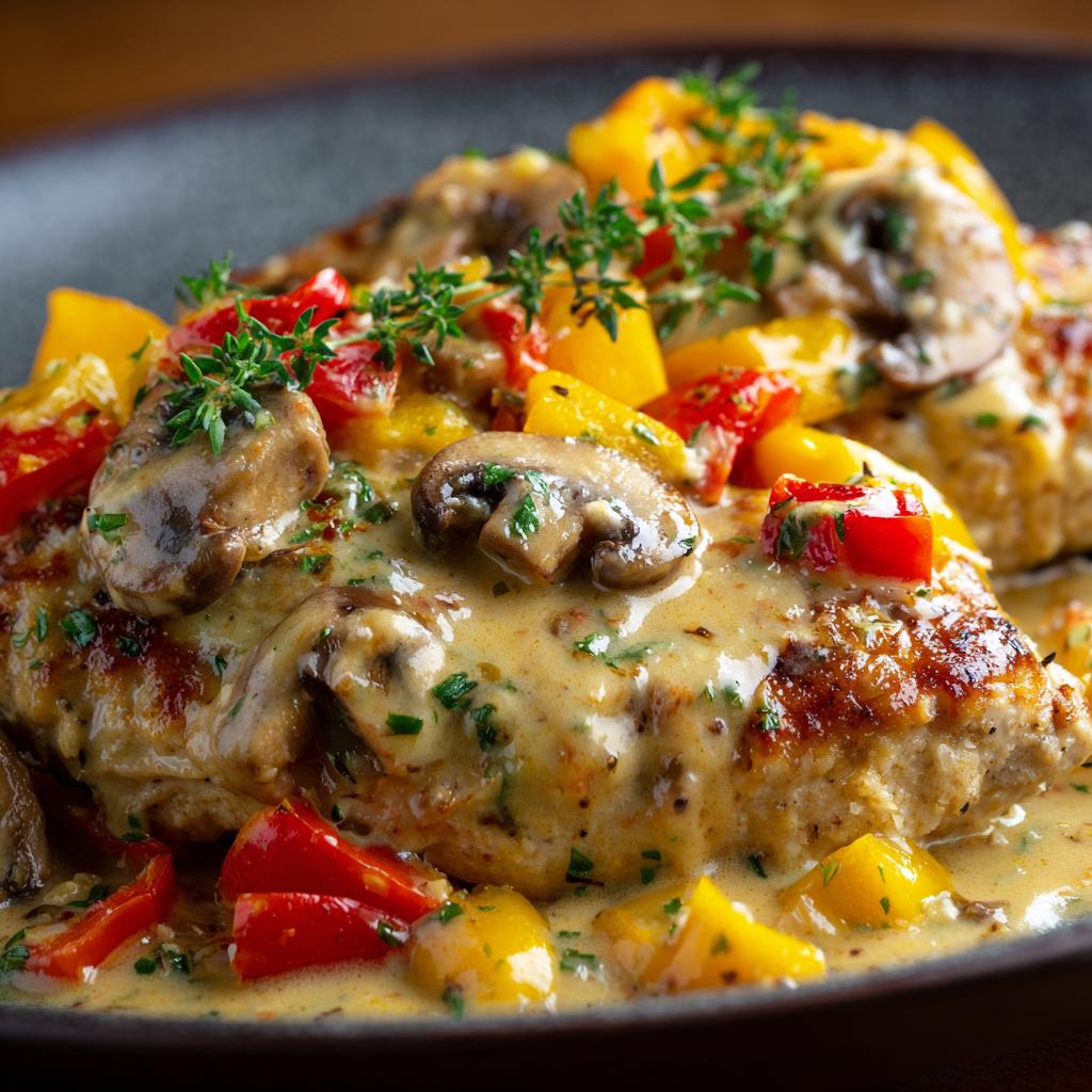 Parmesan-Hühnchen mit cremiger Pilz- und Paprikasauce - detail 1