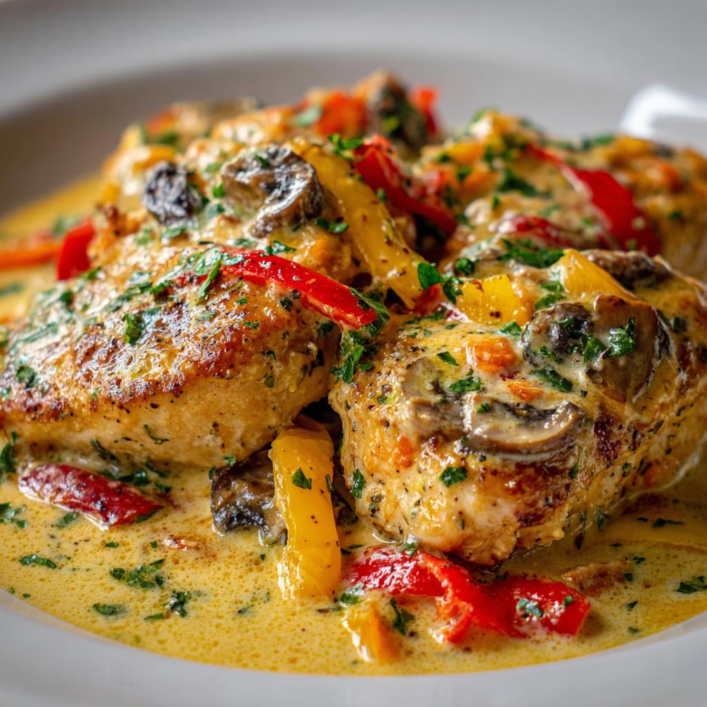 Parmesan-Hühnchen mit cremiger Pilz- und Paprikasauce