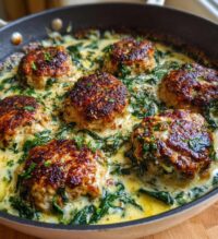 baked chicken ricotta meatballs with spinach alfredo sauce