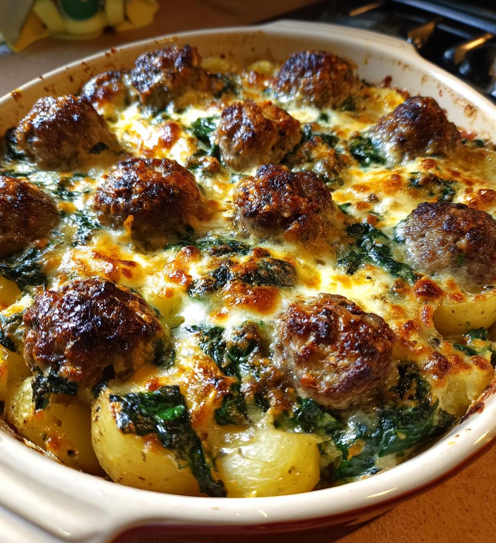 cheesy spinach meatball potato bake - detail 1