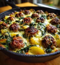 cheesy spinach meatball potato bake