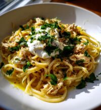 chicken spaghetti with burrata and lemon butter garlic sauce