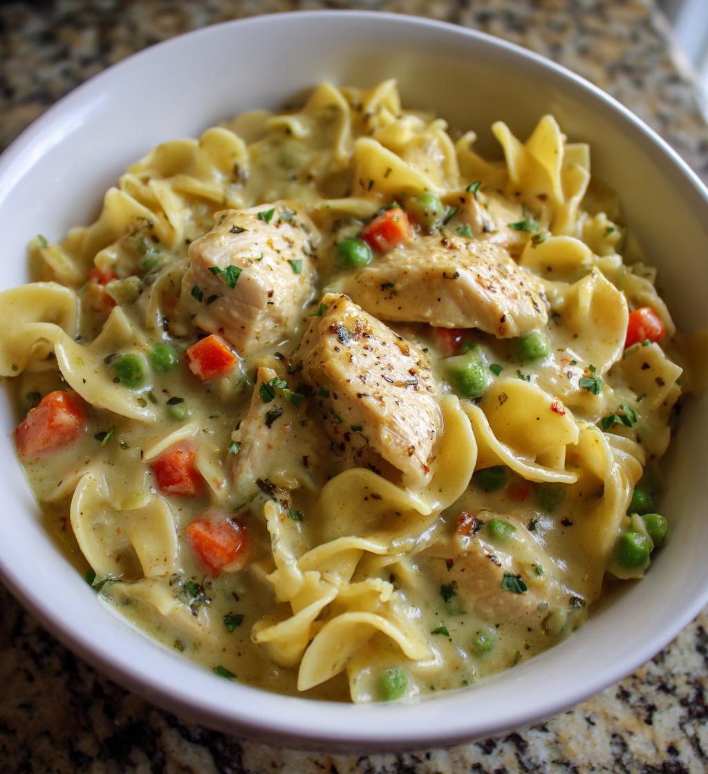 creamy chicken pot pie noodle skillet