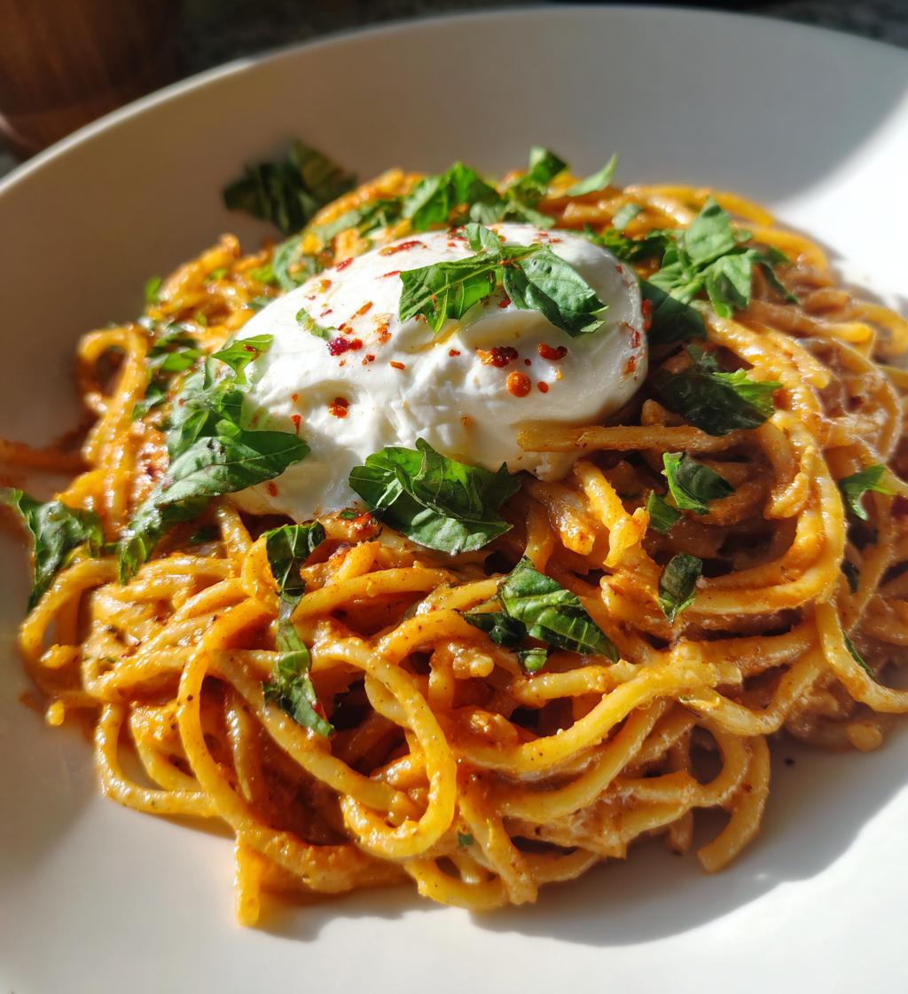 creamy red pepper pasta with burrata and herbs - detail 1