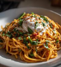 creamy red pepper pasta with burrata and herbs