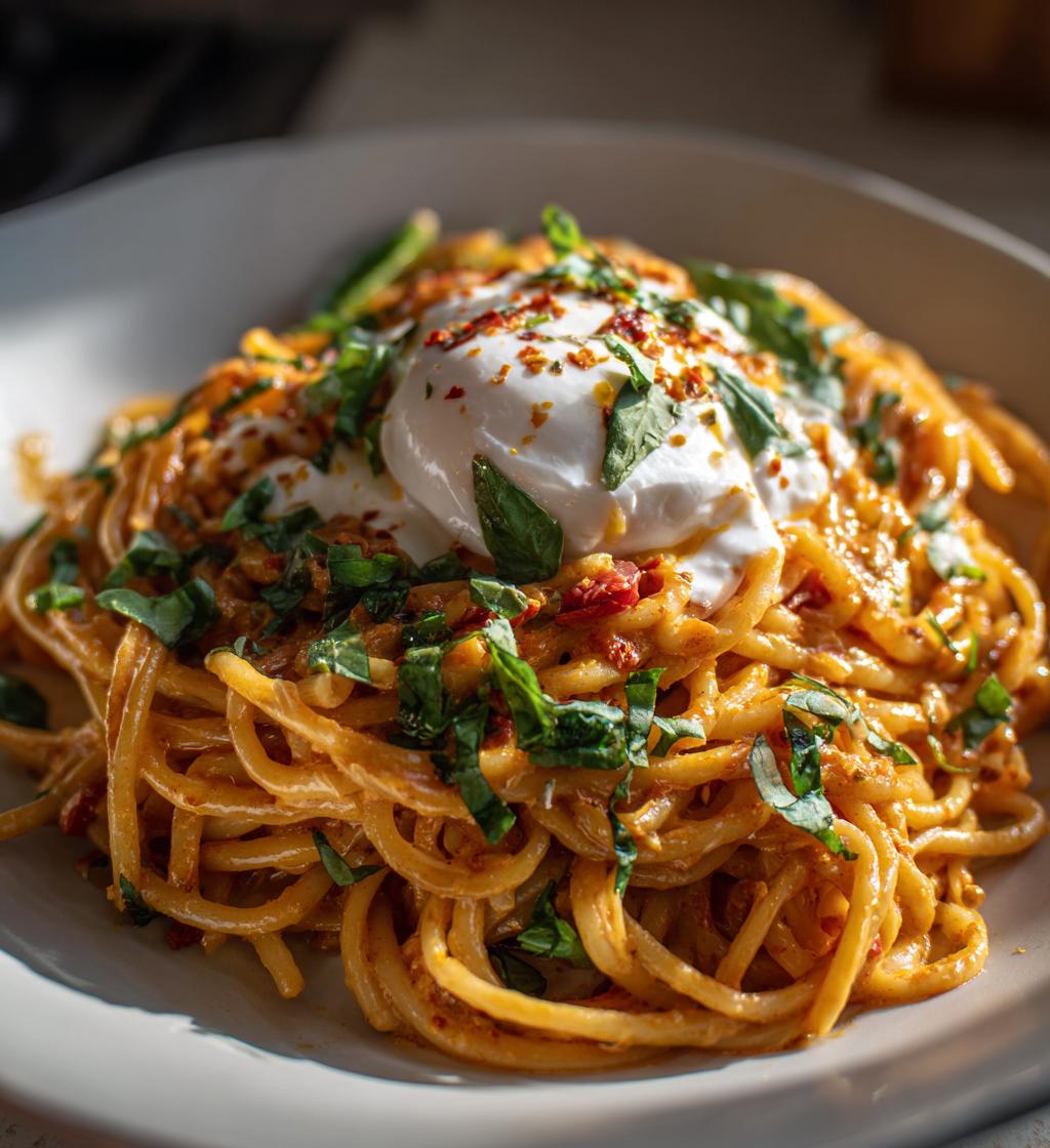 creamy red pepper pasta with burrata and herbs