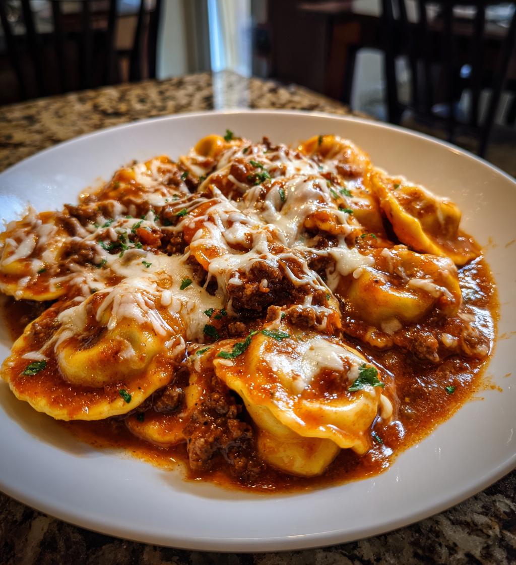 one pot ravioli in a creamy tomato beef sauce