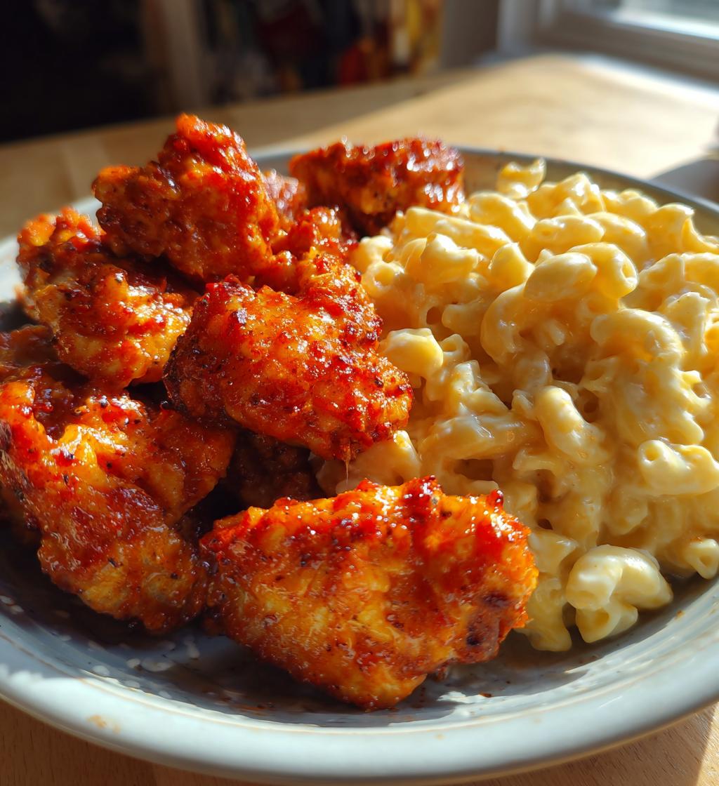 spicy hot wings and creamy mac n cheese