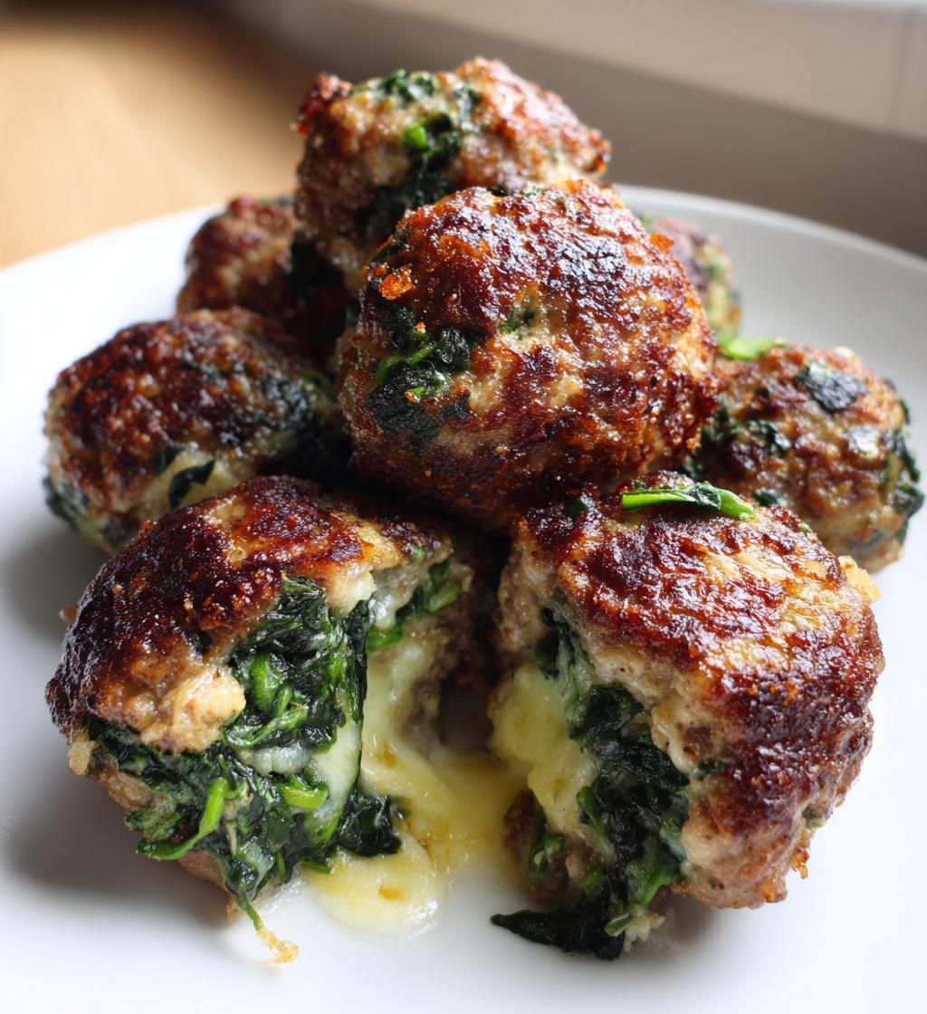 spinach garlic meatballs stuffed with mozzarella