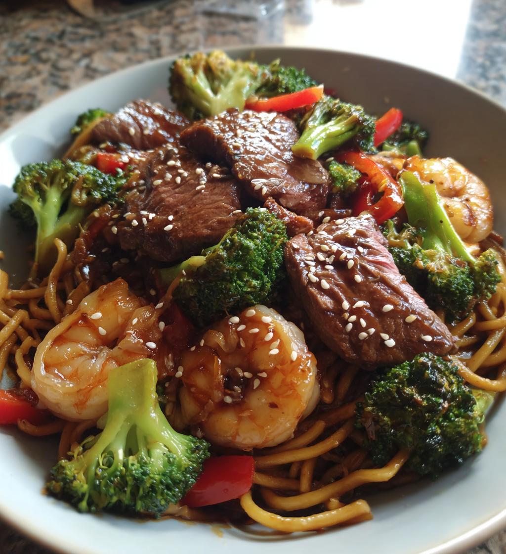steak shrimp teriyaki noodles